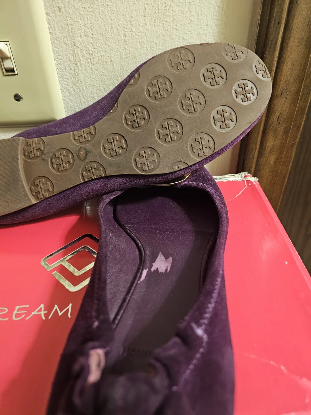 Tory Burch Plum Suede Logo Ballet Flats with Gold Medallions